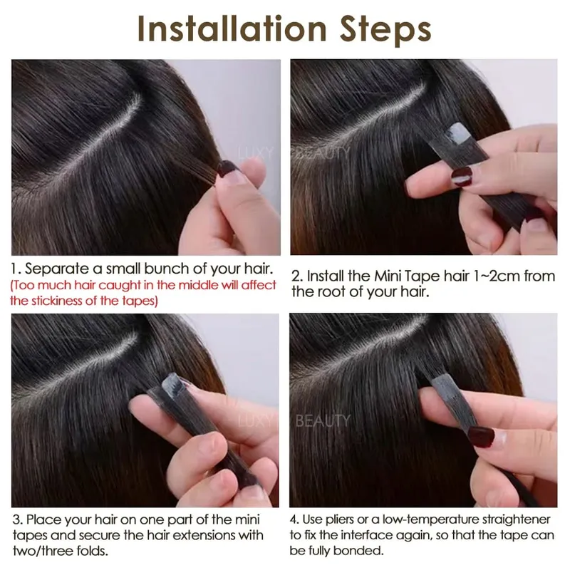 Pita Mini dalam Sambungan Rambut Manusia Sebelah Dua Pita Lancar Tidak Kelihatan dalam Rambut 10pcs/set Asli Lurus Hitam Coklat Berambut perang — image 7
