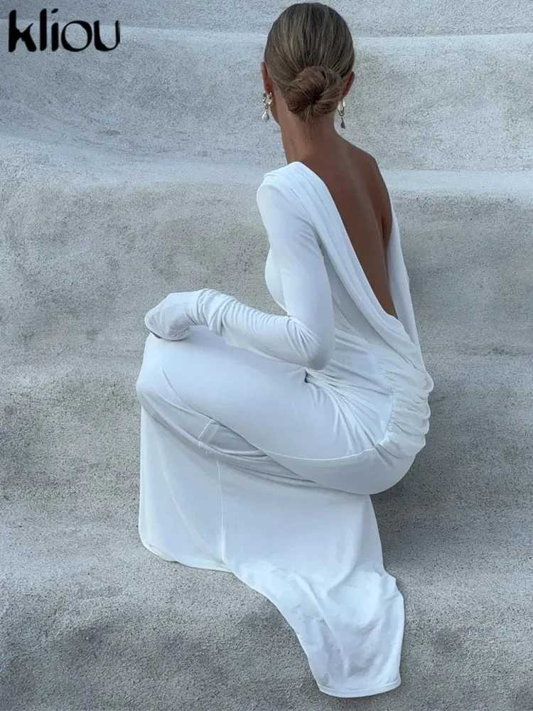 kliou Solid Elegant Dame Maxikjole Enkel Efterår Klassisk Trend Fuldærmet Svingende Rygløs Skede Vestidos Mujer Aftenkåbe — image 2