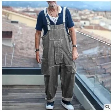 Streetwear Uomo Tinta unita Multi tasche Salopette di jeans Allentato Casual Lavato Tuta 2024 Bretelle maschili Jeans Pantaloni cargo — image 2