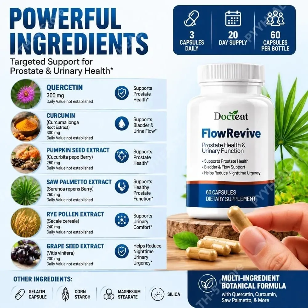 Integratore prostatico per uomo Saw Palmetto FlowRevive Capsule con estratto di semi di zucca Supporta la salute della vescica urinaria 60 conteggi