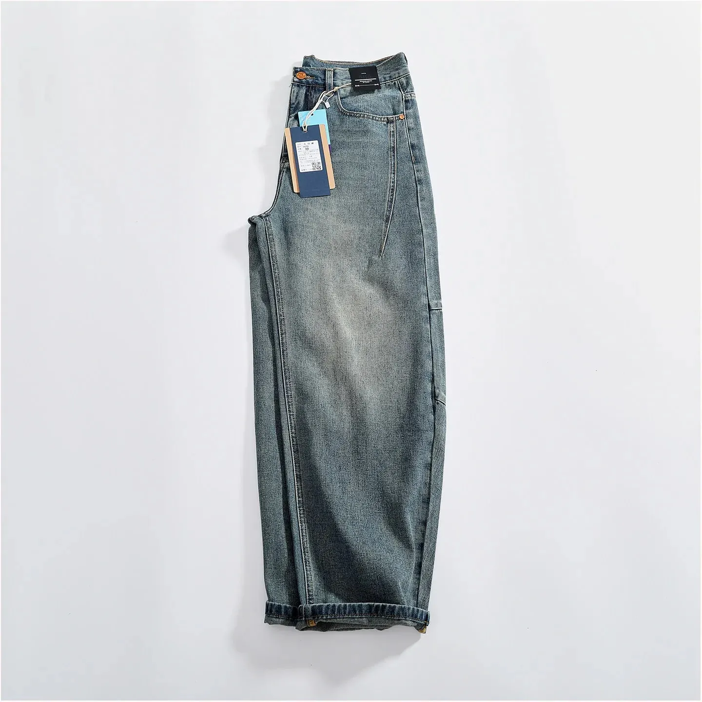 Retro distressed whiskering jeans til mænd tredimensionelle split silhuet brede ben løse denimbukser — image 9