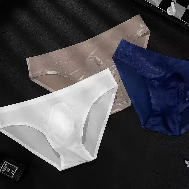 Men Ice Silk Briefs Ultra-thin Seamless Sexy Panties Quick Drying U Bulge Pouch Breathable Underwear Luxury Glossy Underpants — image 2