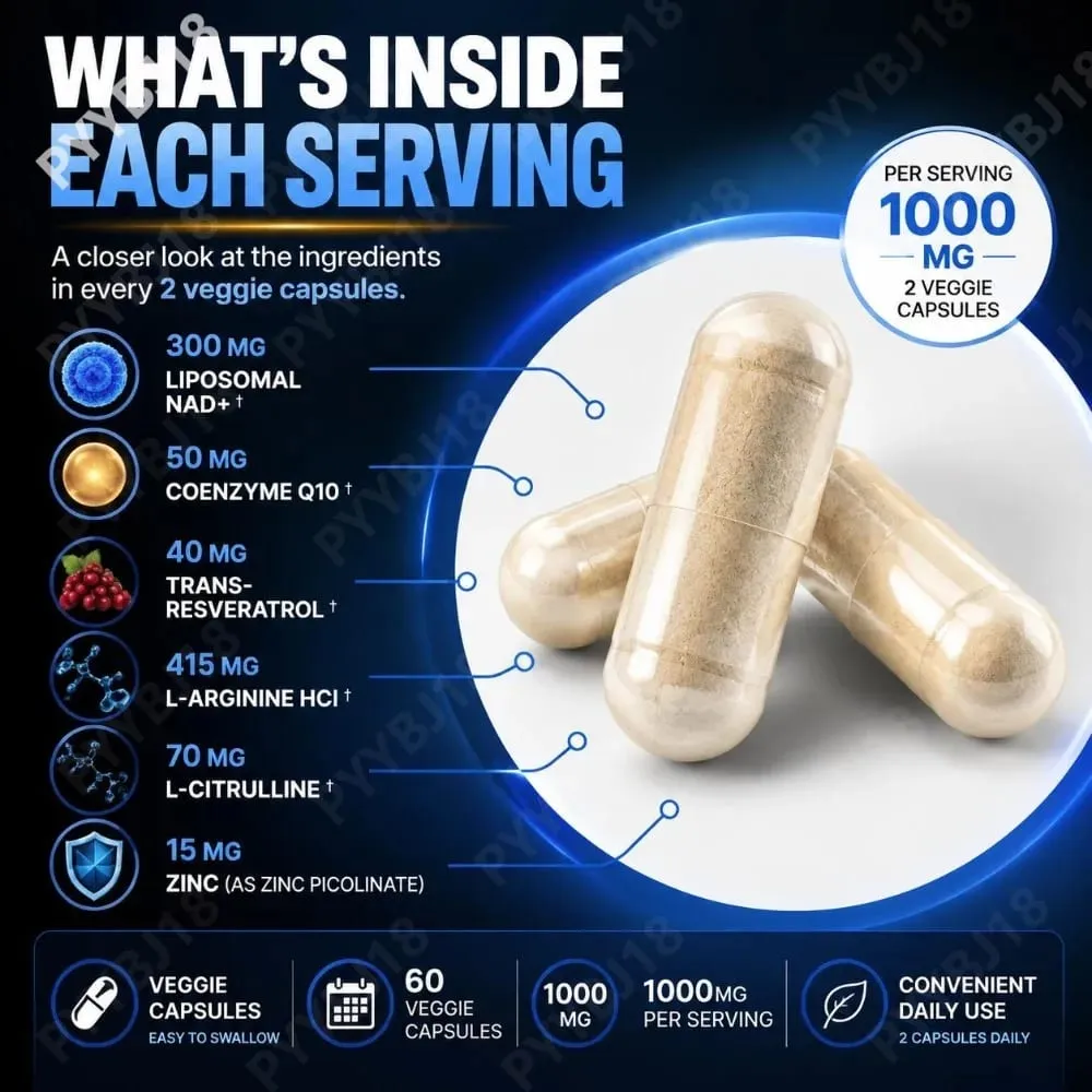 NAD+ 남성용 복합 캡슐 1000mg, CoQ10 레스베라트롤 세포 에너지 및 활력 보충제가 근육 건강을 지원합니다 60개 — image 6