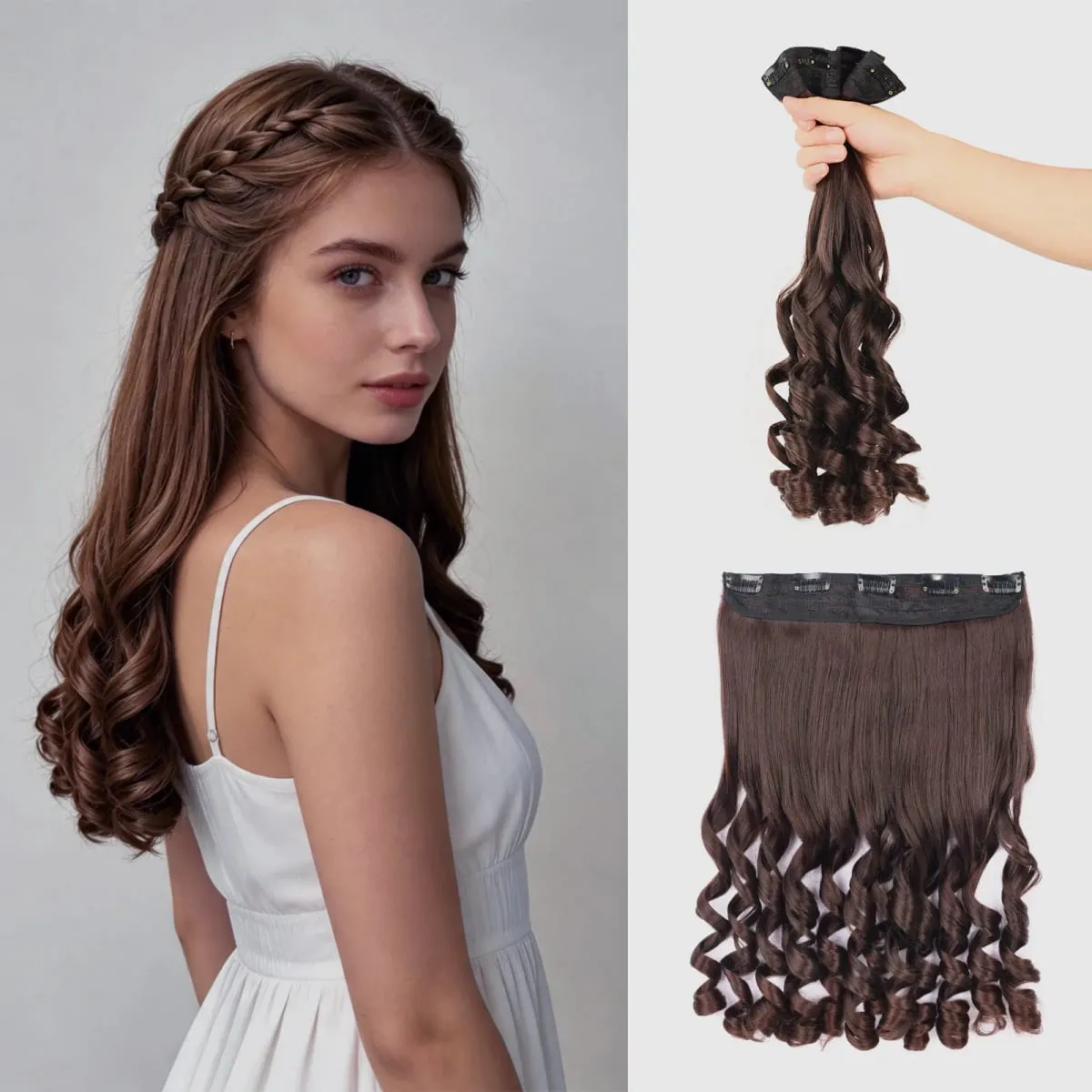 Extensions de cheveux synthétiques à Clip en une seule pièce, 5 Clips en une seule pièce, faux cheveux de 16 pouces, Style bouclé français pour femmes et filles, fête quotidienne