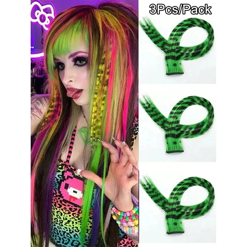 3 pezzi estensioni dei capelli con stampa leopardata striscia sintetica pezzo di capelli stampato clip lunga e dritta colorata nei capelli per le donne ragazze festa — image 16