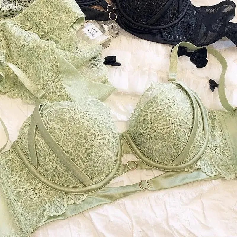 Sexy Hollow Lace Bra Set Large Breasts Gathered Comfortable Soft Steel Ring Top Support Anti-Sagging Breathable Thin Bra Set — image 4