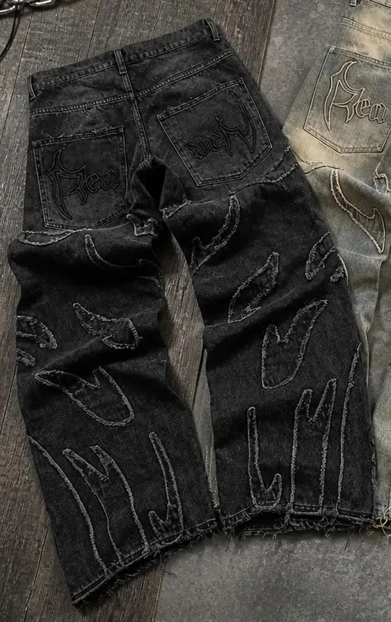 Jean à jambes larges en Denim noir, Streetwear, avec lettres surdimensionnées brodées et jean Baggy en détresse, pantalon gothique Hip Hop — image 8