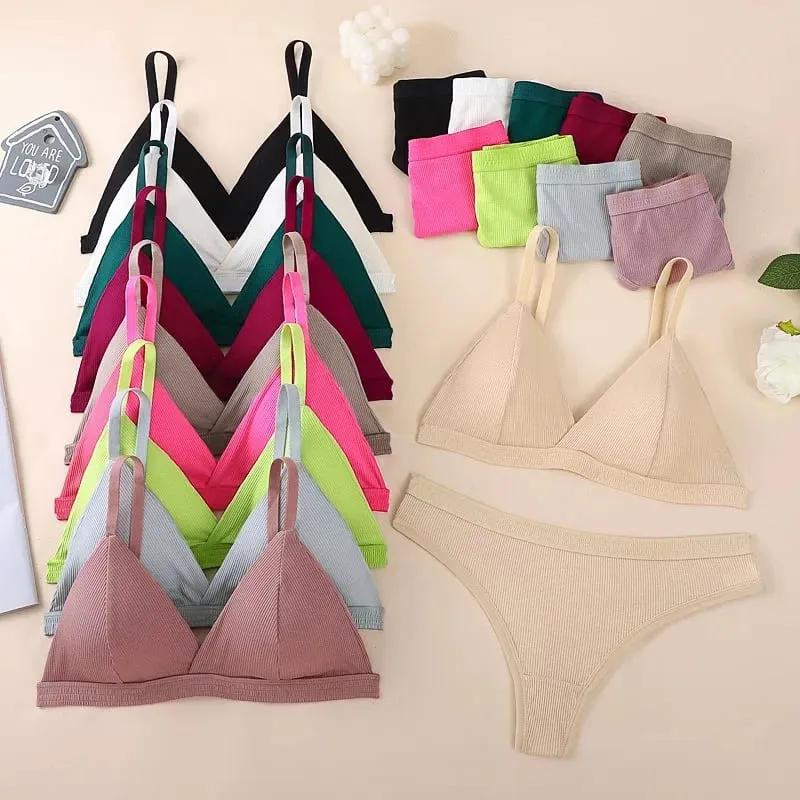 Sömlös BH och trosor Set Enfärgad Bralette Tunna Trådlösa BH Låg midja Stringtrosa Sexiga Underkläder Set Damunderkläder — image 1