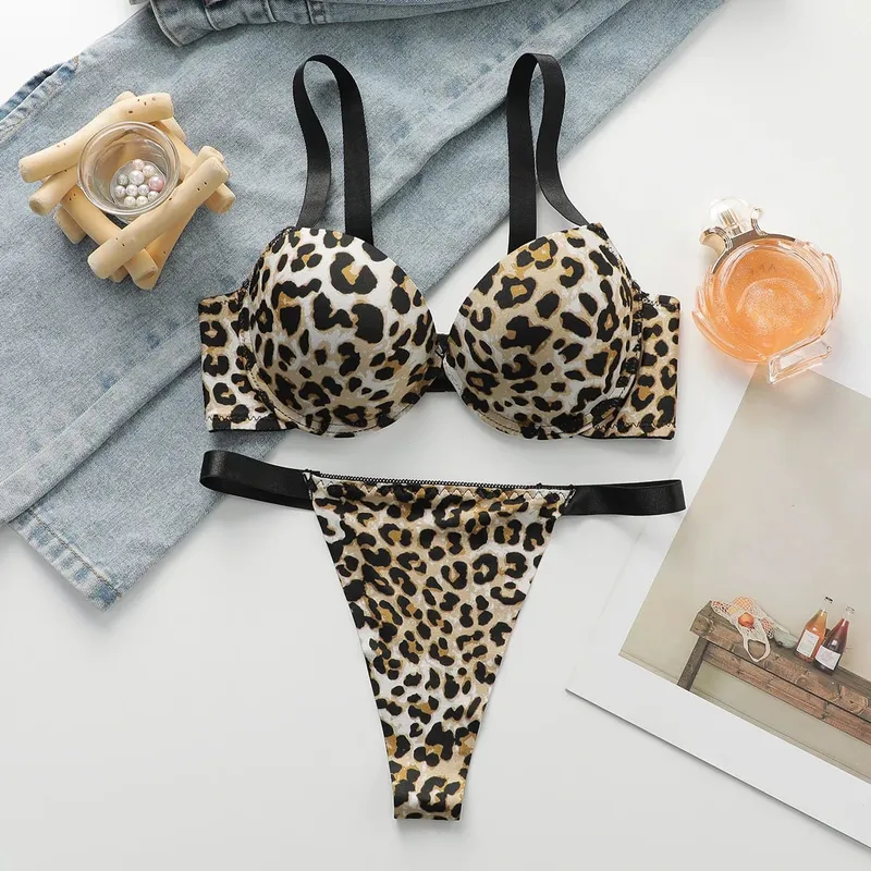 Sexet leopardprint 2-delt sæt med rynket løft og fortykket stål støtte bh sæt til dameundertøj B2051 — image 8