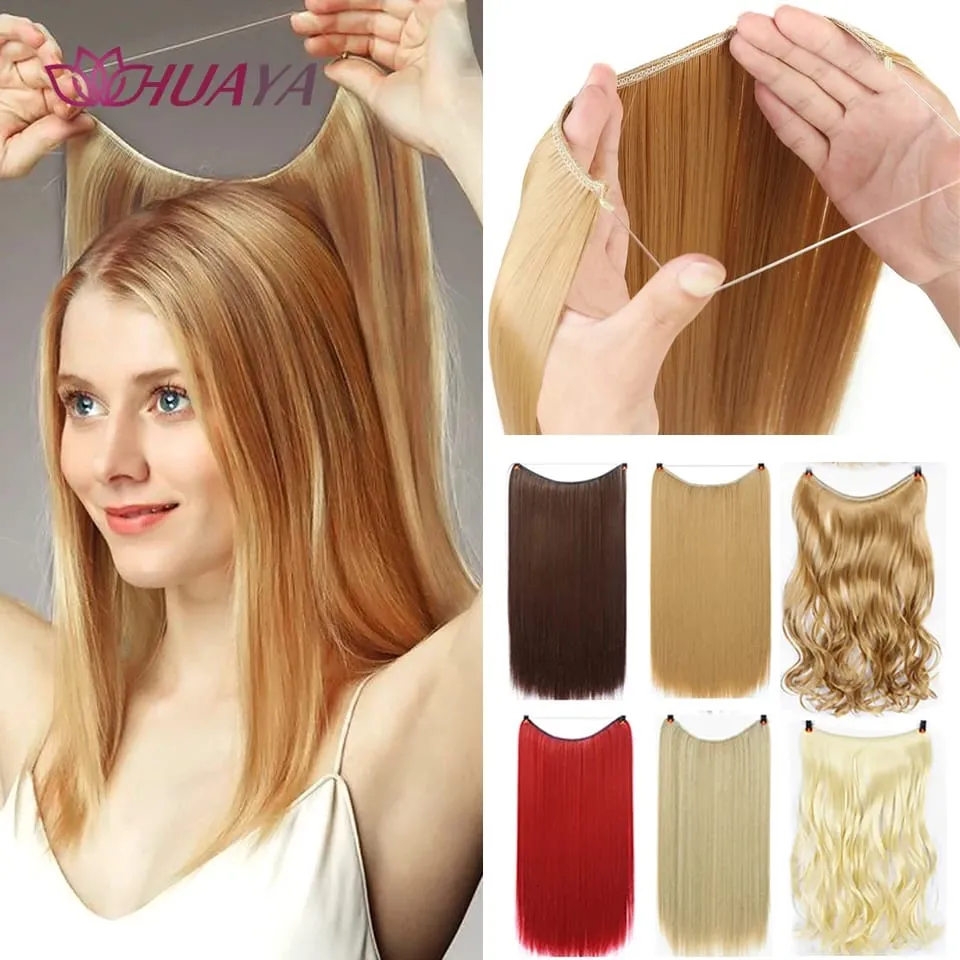 Filo invisibile sintetico lungo rettilineo senza clip nelle estensioni dei capelli Pezzi di capelli finti Linea di pesce segreta Posticci per le donne — image 2