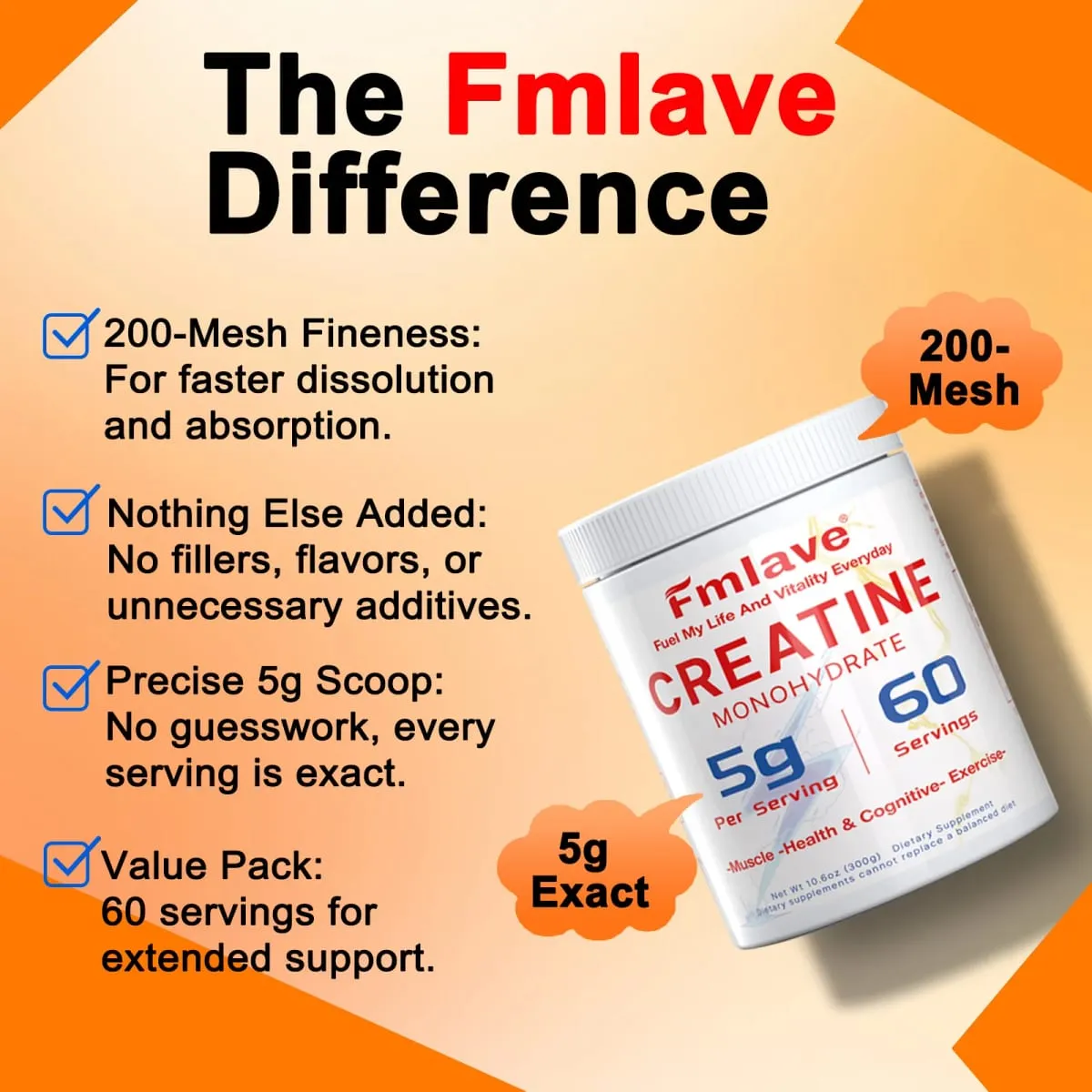 Fmlave Creatine Monohydrate Micronized Powder 300g - 60 เสิร์ฟ 5,000 มก. ต่อมื้อ (5g) - สำหรับผู้ชายและผู้หญิงการเจริญเติบโตของกล้ามเนื้อและการกู้คืน — image 2