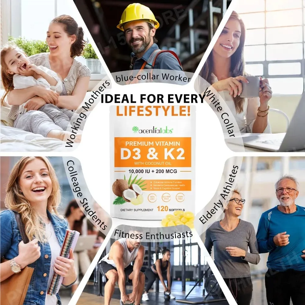 AcentiaLabs Vitamin D3 & K2 Softgels dengan Fungsi Kekebalan Minyak Kelapa dan Dukungan Tulang Bebas Gluten Non-GMO 120 Softgels — image 4
