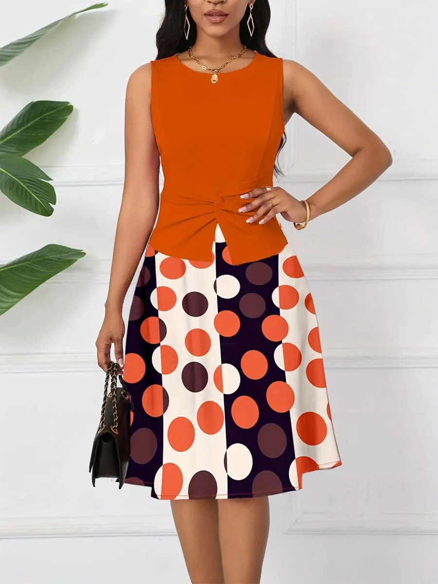 Damen Sommer-Twist-Rundhalsausschnitt, ärmellos, Schößchen, gepunktet, Patchwork, lässig, elegant, Passform und Schlag, Party-A-Line-Swing-Kleid — image 4