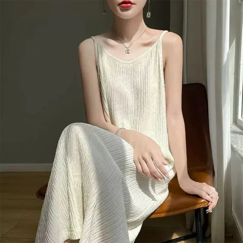 ผู้หญิงสปาเก็ตตี้ชุดสาย 2026 ฤดูร้อนสีทึบหลวม Long Beach Sundress Lasy Elegant ชุดราตรี Midi Dresses — image 3