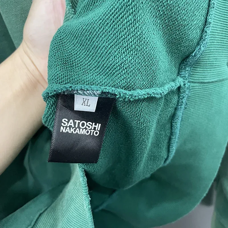 26FW Heavy Fabric Cotton Loose Rhinestone Rivet Satoshi Nakamoto Sweatshirts Men Women Vintage Charcoal Gray Green Pullovers — image 19