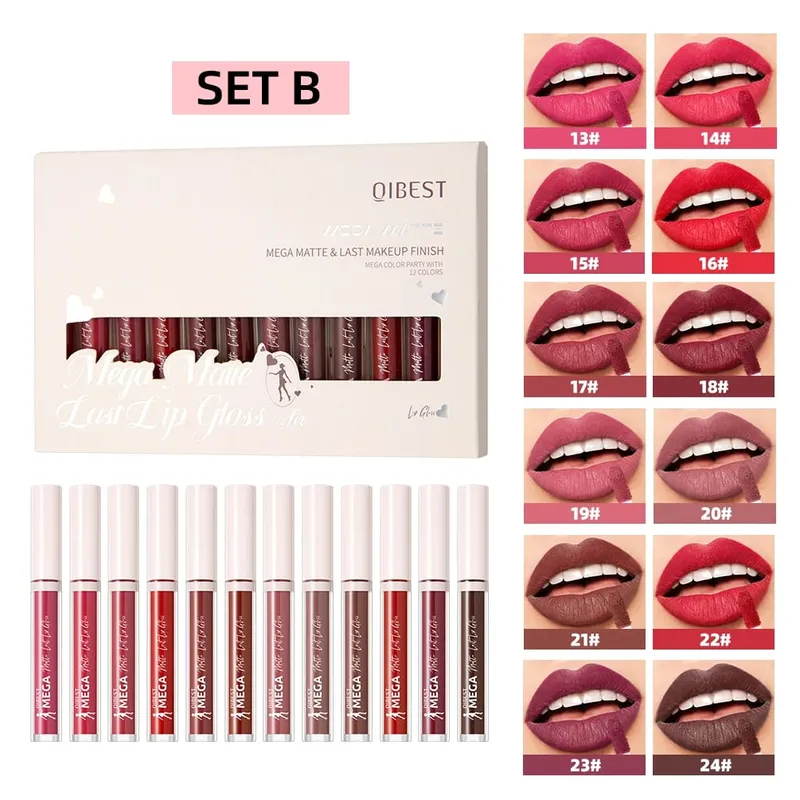 12 Colors Matte Lipgloss Kits Waterproof Long Lasting Liquid Lipstick Nude Purple Lip Mud Cosmetics Sets Lip Glaze Tint