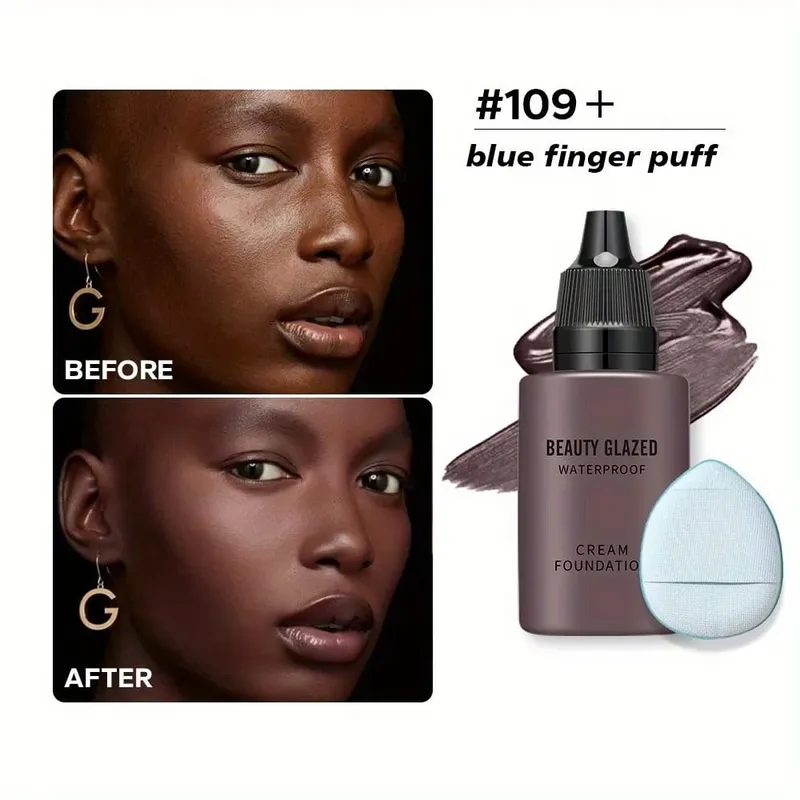 Alas Bedak + Puff Baru 2024 Alas Bedak Cakupan Penuh Matte Cair Alas Bedak Alami Matte Tahan Air dengan Puff Jempol Biru