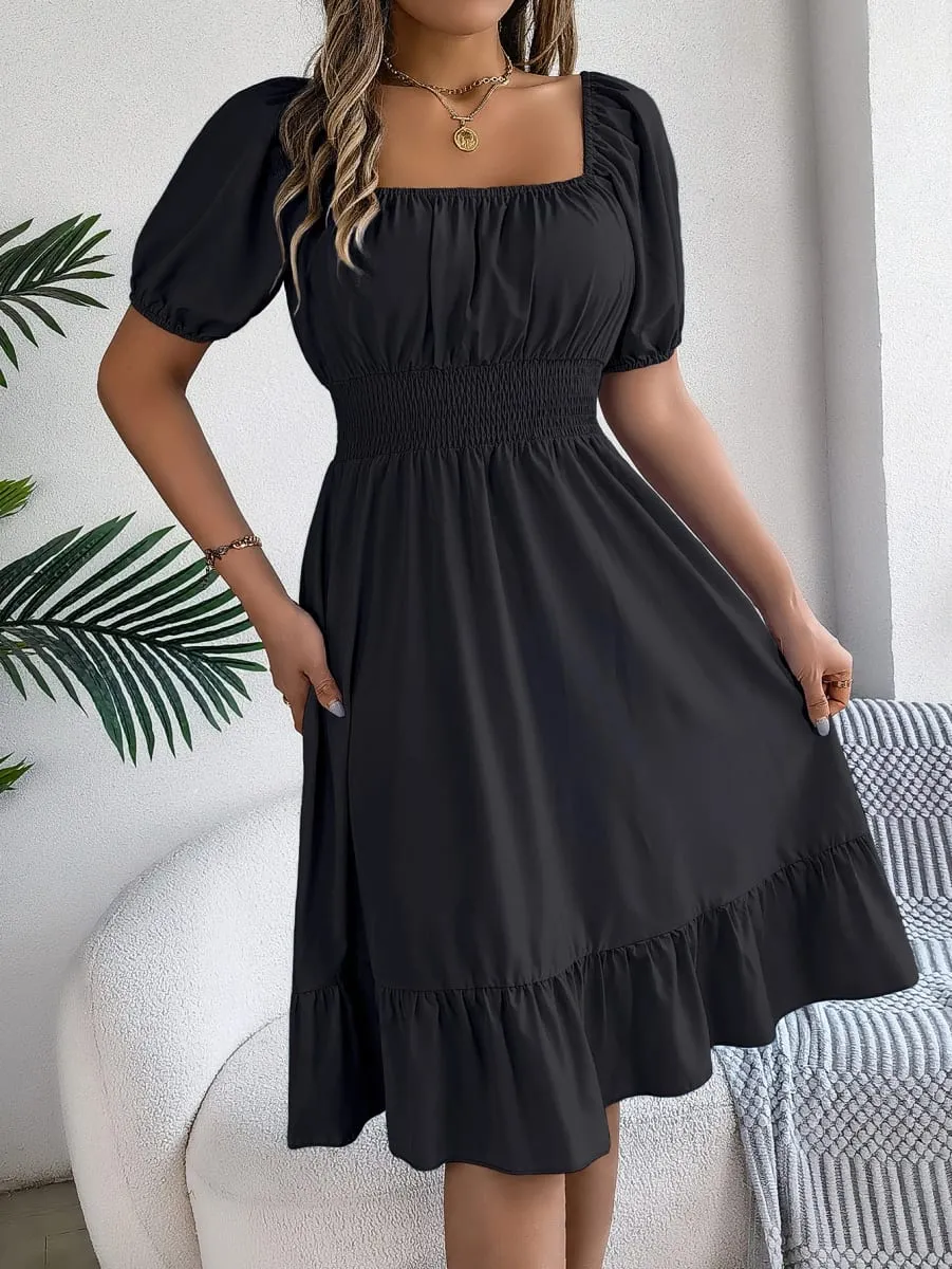 Frühling Sommer Elegantes Kleid mit hoher Taille Square Neck Kurzarm Rüschenkante Lange Kleider 2026 Valentinstag Damenbekleidung — image 7
