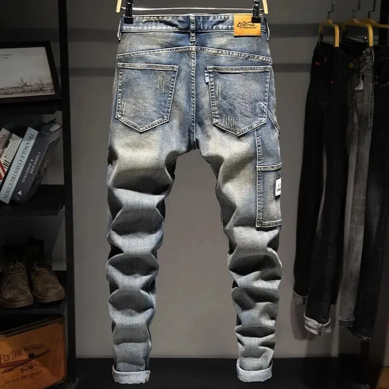 Forår og efterår Elastik Nostalgisk stor størrelse Rippede jeans Mænds løs fedt plus trendy mærke fede fyrebukser vaskede lange bukser — image 3