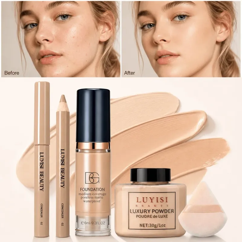 4-teiliges Gesichts-Make-up-Set: 1 Concealer-Stift + 1 Foundation + 1 loser Puder + 1 Puff Flawless Waterproof Long-Lasting Natural — image 3