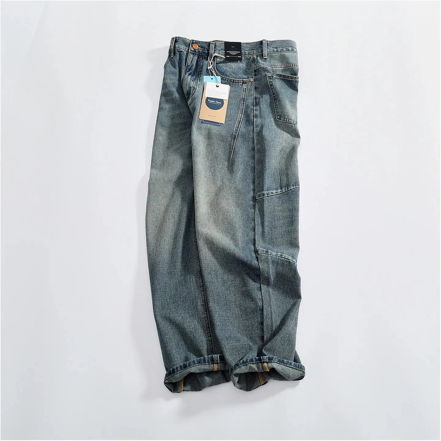 Retro distressed whiskering jeans til mænd tredimensionelle split silhuet brede ben løse denimbukser — image 8