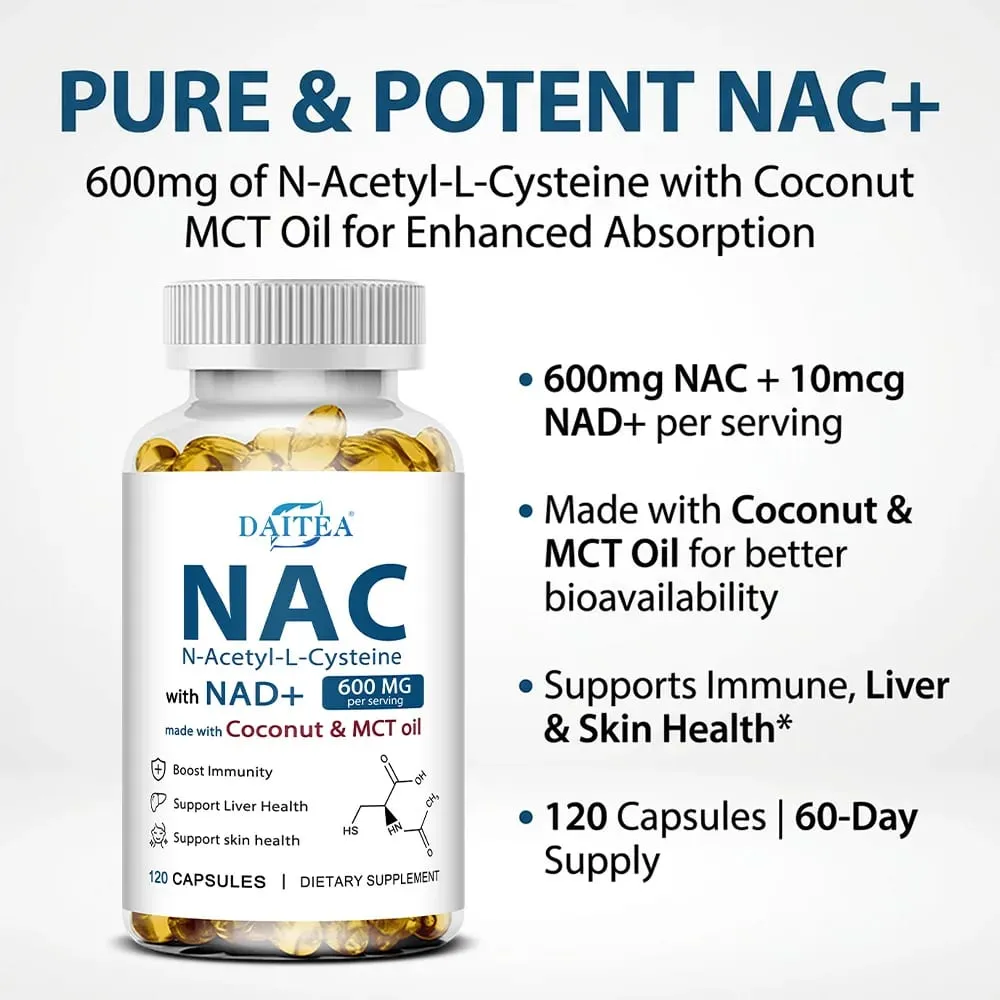 مكمل N-Acetyl Cysteine NAC مع NAD+ دعم مضاد للأكسدة يدعم صحة الكبد وصحة البشرة وخالي من الغلوتين 120 كبسولة — image 4