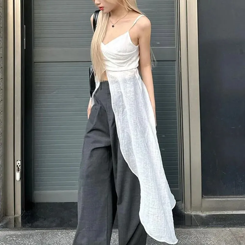 Xingqing y2k Camisole TOP เสื้อผ้าผู้หญิงสีทึบ V คอสปาเก็ตตี้สายคล้องคอ Slit ด้านหน้า T เสื้อถัง 2000s streetwear — image 7