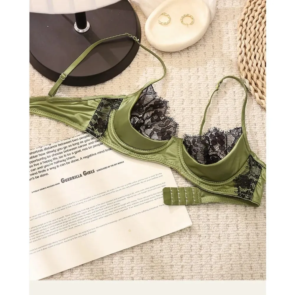 ลูกไม้ฝรั่งเศสชุดชั้นในครึ่งถ้วยชุดสีเขียว Ultra Thin SHEER นุ่มสบาย Underwire Bra สำหรับผู้หญิงหน้าอกเล็ก 32-38AB — image 5