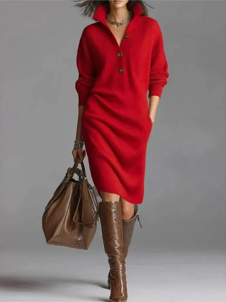 New Autumn Casual Button Loose Straight Knitting Mid-Length Sweater Dresses Women's Fashion Lapel Long Sleeve Pocket Party Dress — image 4