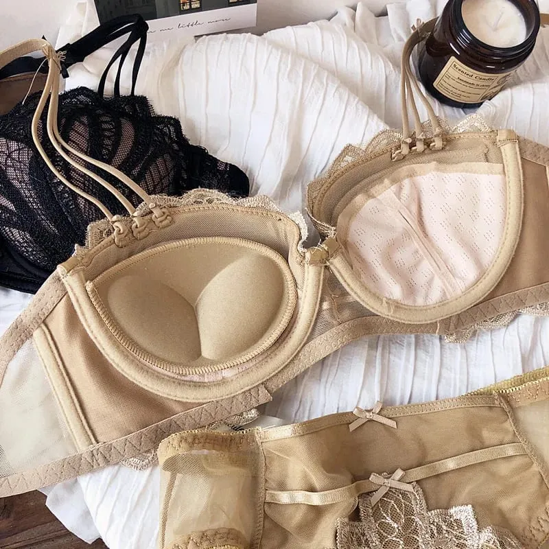 Seksi Nakış Dantel Kabuk Yarım Fincan Küçük Göğüsler Push Up Sütyen Seti Kalınlaşmak Ayarlanabilir Ped Sütyen Külot Kız Iç Çamaşırı