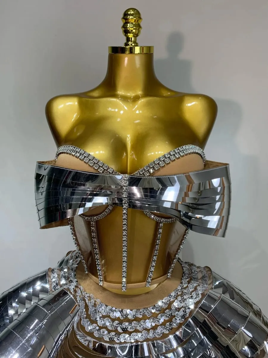 Damski kostium sceniczny Dwuczęściowy zestaw Srebrne cekiny Rhinestone Fantazyjny strój Seksowne, bez pleców, błyszczące sukienki na przyjęcie urodzinowe — image 5