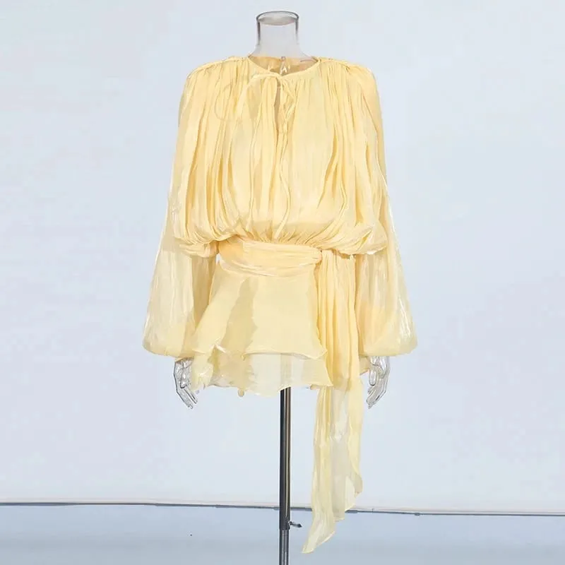 Solid Patchwork Lace Up Blouse Mini Dresses For Women V Neck Long Sleeve Sweet Style Dress Female Clothing Fashion — image 9