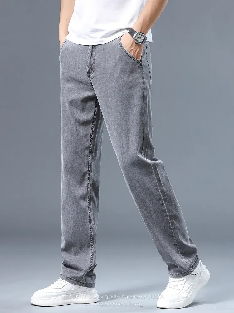 Jeans dritti larghi da uomo sottili estivi Pantaloni casual da lavoro in Lyocell morbido drappeggio Pantaloni di seta grigio fumo Plus Size 40 42