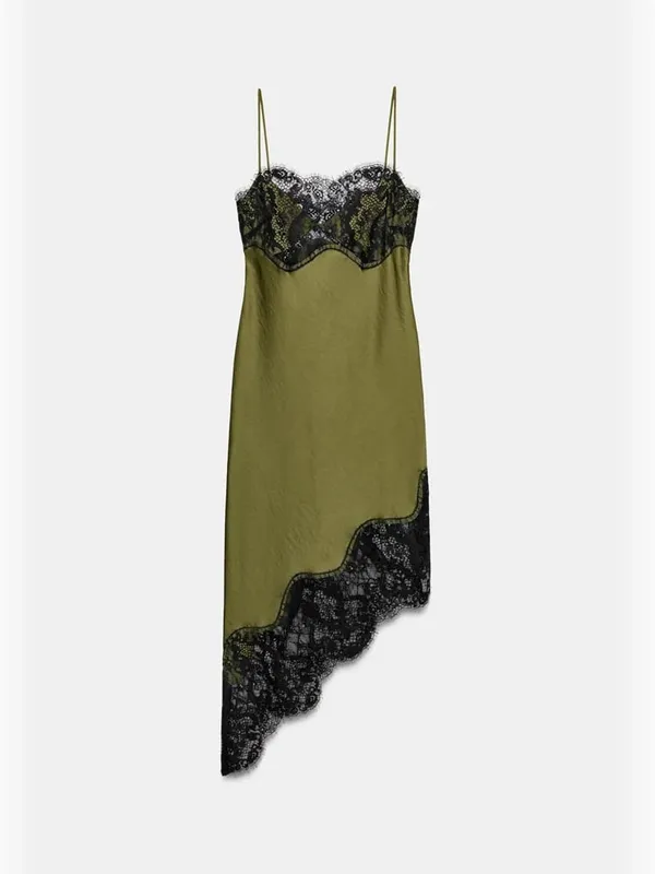 Chic Dentelle Patchwork Satin Robe Camisole Sans Manches Voir À Travers Ourlet Irrégulier Robes 2026 Nouvelle Fête Quotidienne En Plein Air Tenue Décontractée