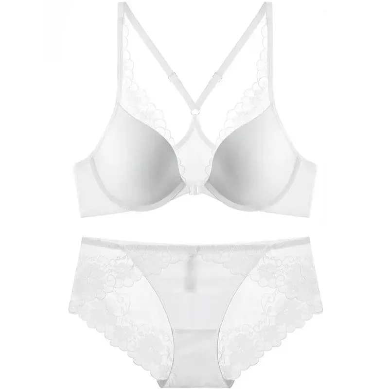 Women Lace Bra Front Open See Through Brief Set Elegant Thin Lingerie Set Ladies Bra Set Underwear
