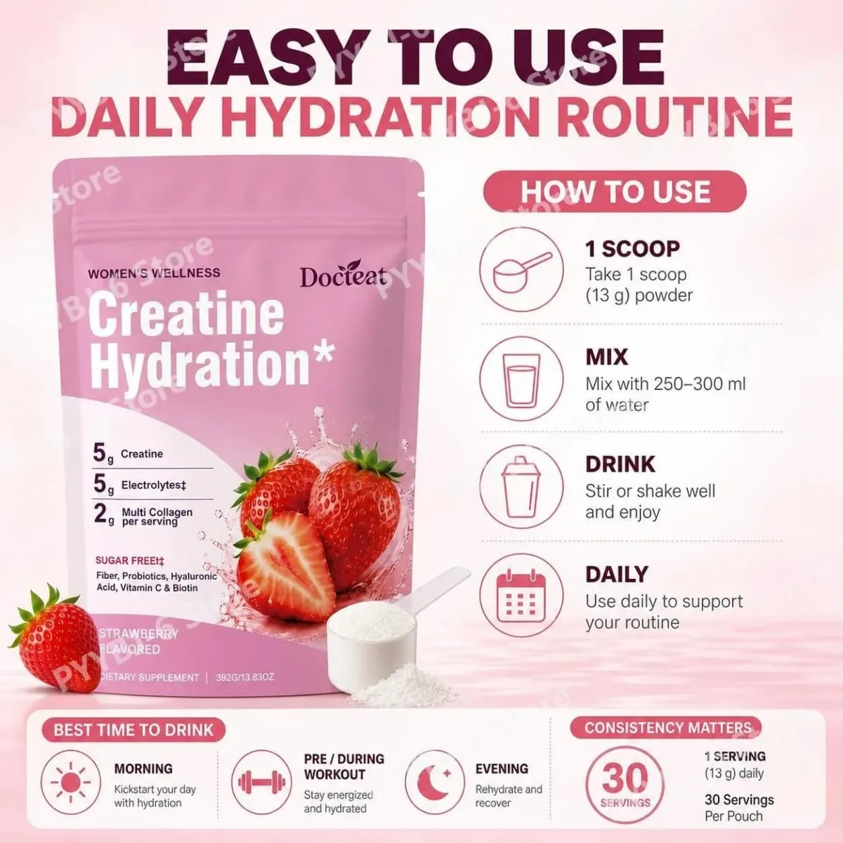 Docteat Creatine Powder Elektrolit Kolagen Vitamin C Biotin Tanpa Gula Perisa Strawberi Wanita Fitness Wellness 30 Hidangan — image 6