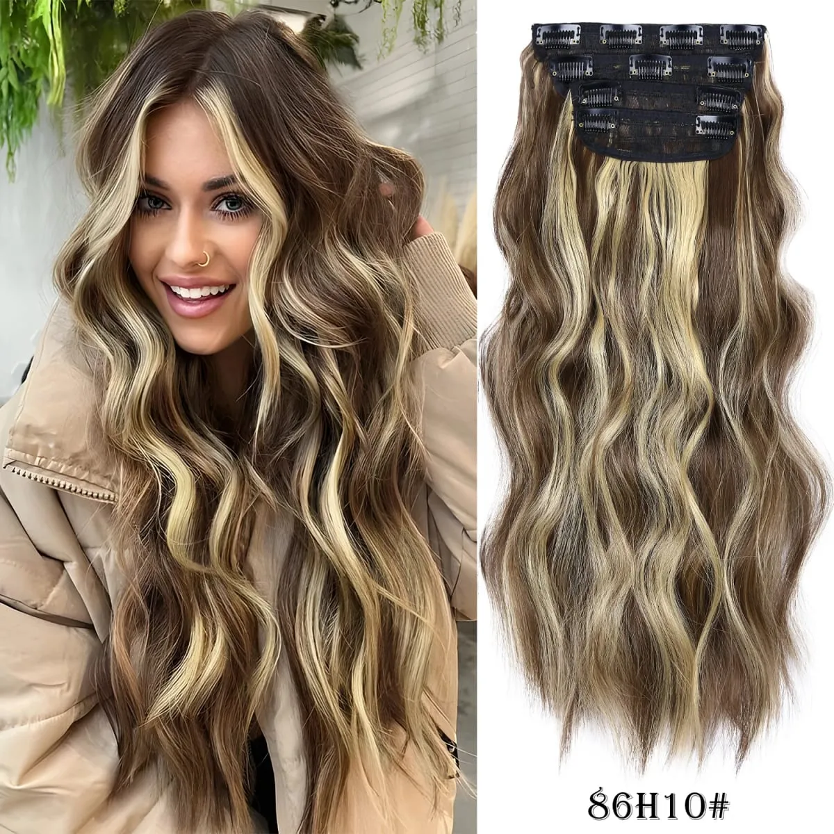 Leeons gewellte Clip-in-Haarverlängerungen, 4 Stück, natürliche, weiche, lange, gewellte Haarteile, dicke Doppelschuss-Clip-in-Haarverlängerungen für Frauen — image 22