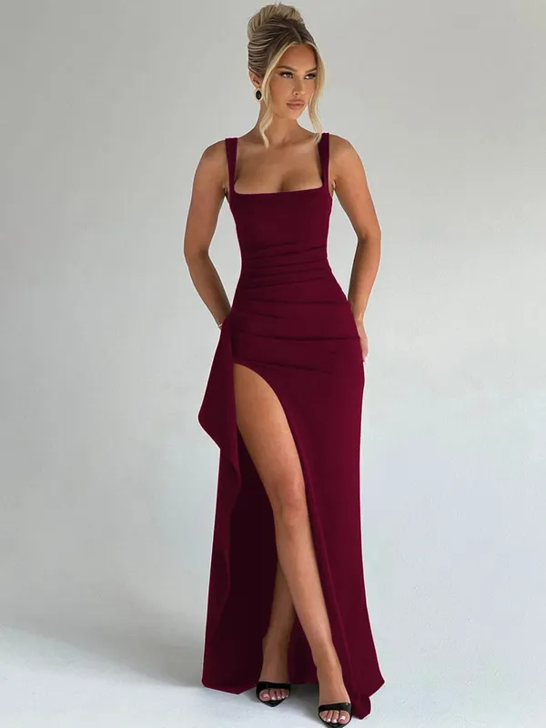 Hugcitar Gaun Maxi Bodycon Seksi Perca Ruched Celah Tali Solid Elegan Wanita Pakaian Musim Panas Festival Ulang Tahun Pesta Malam