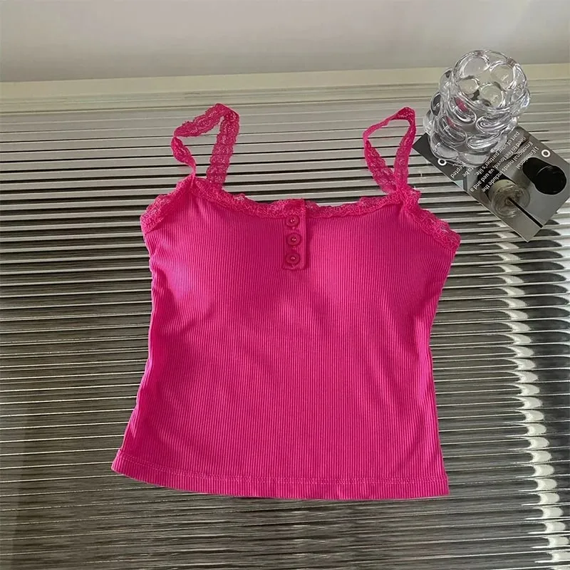Summer Lace Strap Patchwork Camisole Kvinder Ensfarvet Ærmeløse Buttons Tank Top — image 12