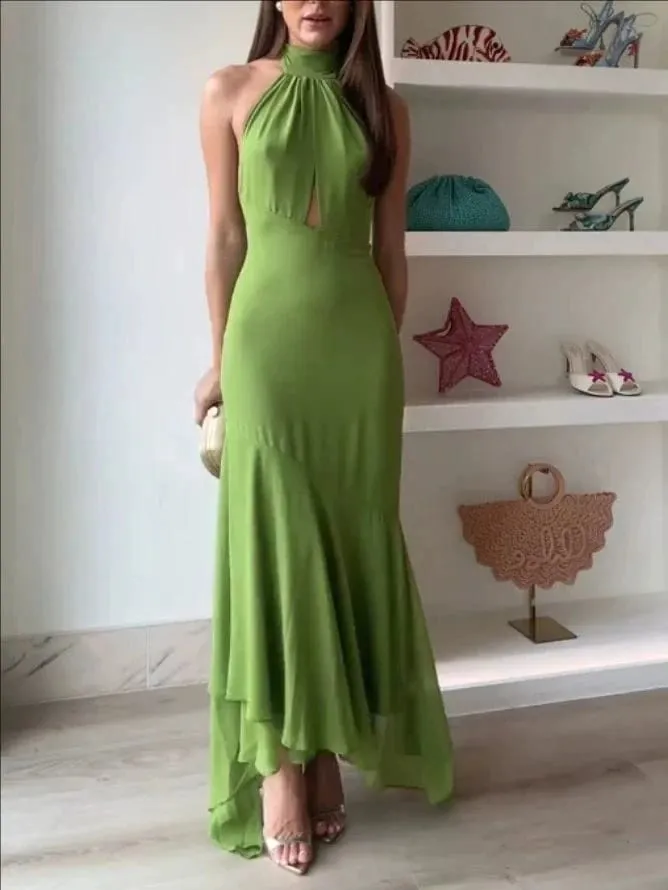 Temperament Halter Neck Long Dresses Women Green Backless Leace-up Irregular Package Hip Party Dress Elegant Banquet Vestidos — image 6