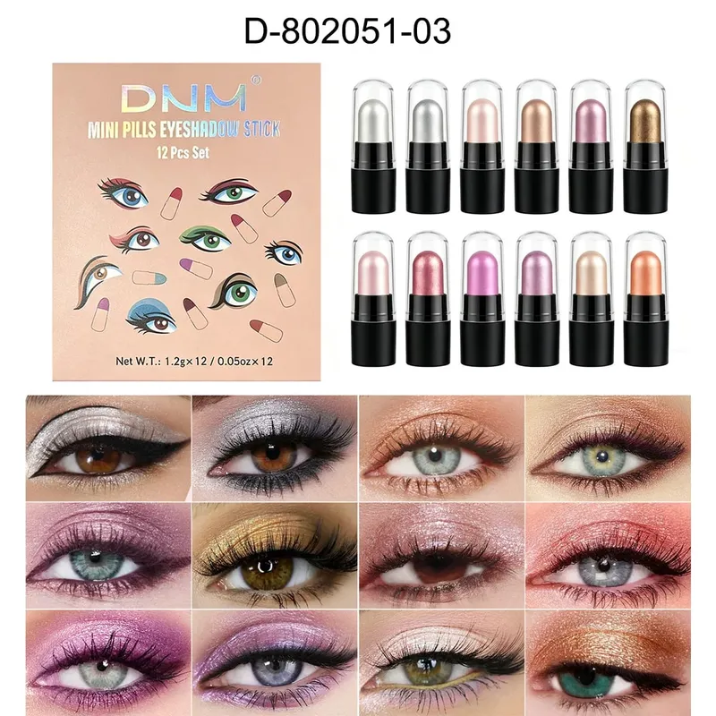 DNM 12-Farben-Make-up-Set, Kapsel-Lidschattenstift, langlebig und einfach zu färben, perlmuttfarben, glänzend und schlafender Seidenraupen-Aufheller
