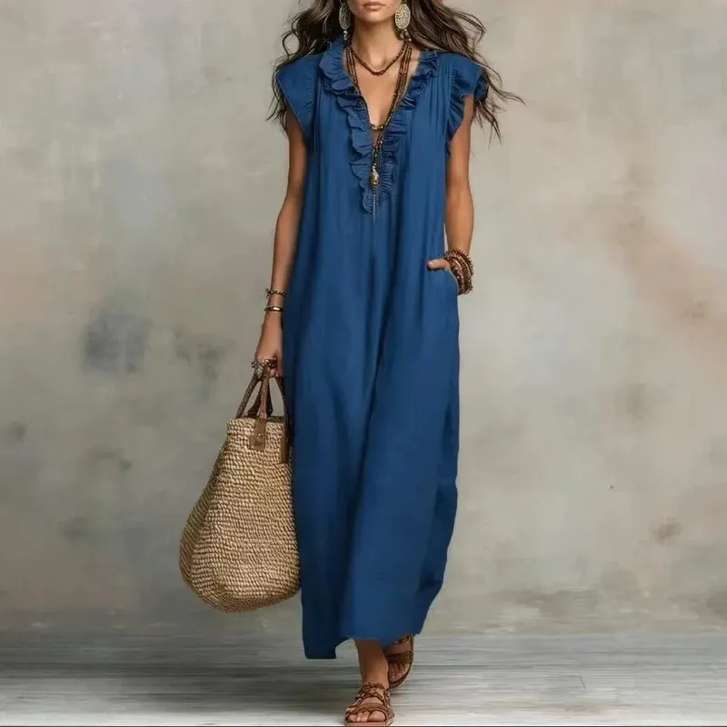 2026 Estate Donna Boho Cotone Lino Maxi Abito Tinta unita Ruffle Scollo a V Senza maniche Abiti lunghi larghi con tasche Casual Beach — image 5
