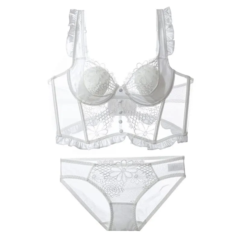 French Fishbone Lace Minimizer Bra Soft Underwire Open Back Lingerie Set for Women Sexy & Pure Push Up Bralette Anti-Sag — image 10