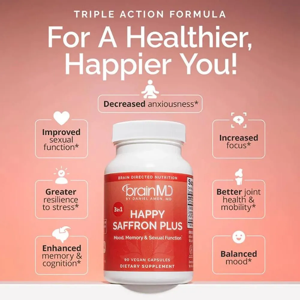 Suplemento Happy Saffron Plus para memória de humor - 90 cápsulas - com extrato de flor de açafrão, curcumina e zinco - vegano sem glúten — image 2