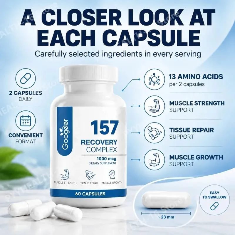 157 Recovery Complex Capsules พร้อม L-Valine และ L-Glutamine สำหรับการฟื้นฟูสนับสนุนการเจริญเติบโตของกล้ามเนื้อ Amino Blend 1,000 Mcg 60 แคปซูล — image 6