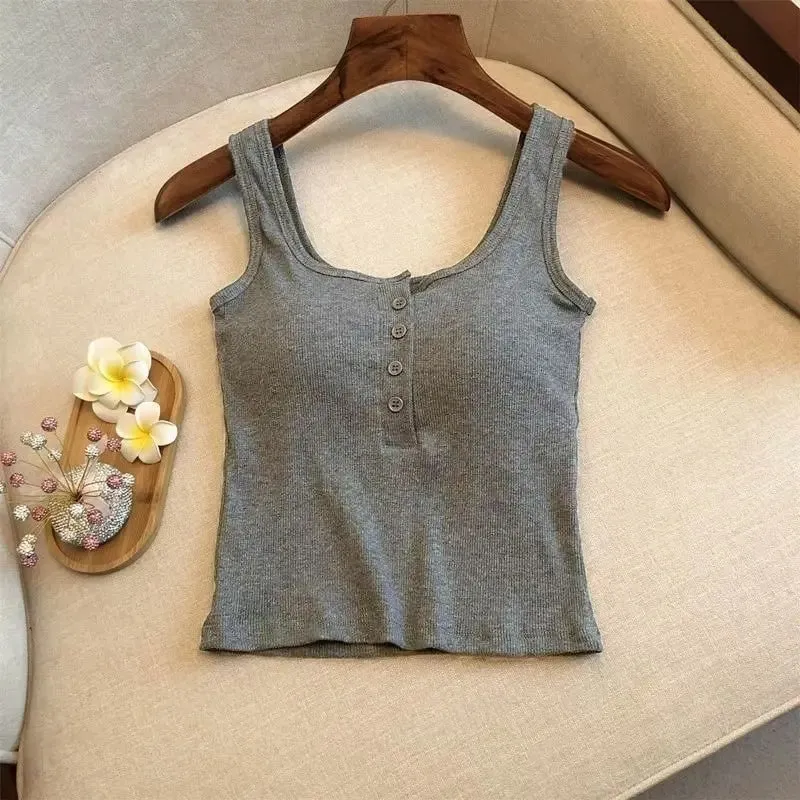 1-teiliges geripptes Henley-Tanktop für Damen mit quadratischem Ausschnitt und Knopfleiste vorne, integrierter BH, ärmelloses Leibchen — image 4