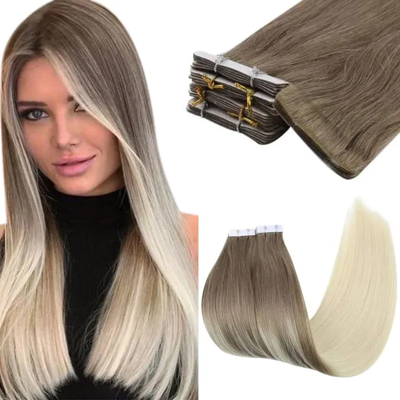 Przedłużanie włosów na taśmie wtryskowej Moresoo Popielaty blond Podkreśla dziewicze włosy Naturalna prosta brazylijska taśma w przedłużaniu ludzkich włosów — image 11