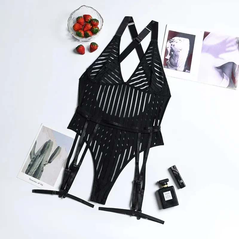 Gestreifter Spitzen-Patchwork-Sexy-Body für Frauen, figurbetont, Spaghettiträger, rückenfrei, Dessous-Body mit Strumpfbändern, Nachtclub-Outfits — image 5