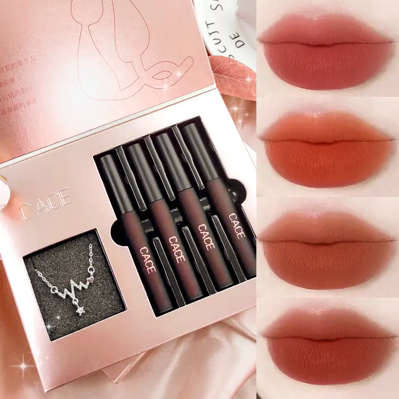 4 Keping Set Solekan Gincu Cecair Matte Warna Lipgloss Merah Seksi Tahan Air Kosmetik Kilau Noda Bibir Dengan Kalung