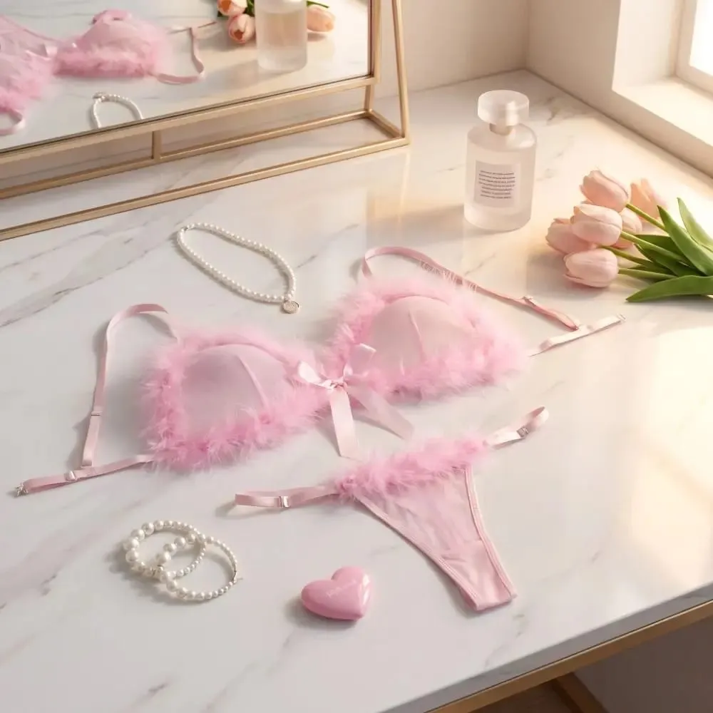 Underclothes Furry ชุดชั้นในสตรีไร้สายตาข่ายโปร่งใสชุดชั้นในชุดโรแมนติก Intimate Bow Decor Bra กางเกงชุดบ้าน — image 5